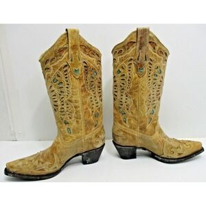 Corral Crackle Butterfly inlay Western Boots R2477 - turquoise tan 8 M snip toe